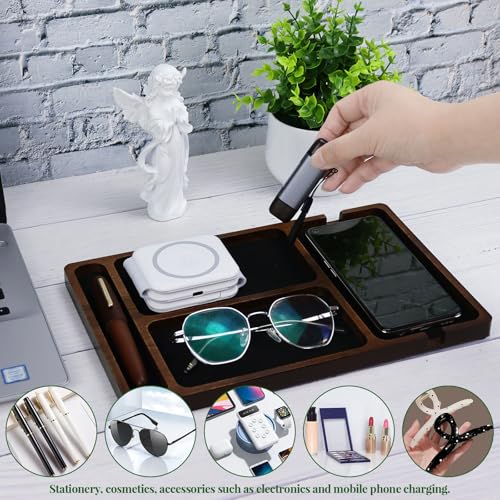MultiBey Acacia Wood Valet Tray Nightstand Organizer, Wooden Valet Trays for Men Women, Wood Desk Organizer Drawer, EDC Essentials Catchall Tray for Phones, Watch, Pens, Keys - color: Acacia - Felt & Cable Slot