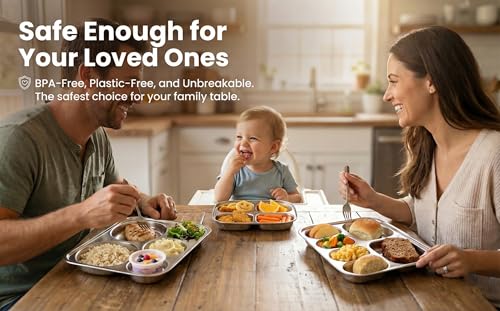 Korean Stainless Steel Divided Plates for Kids, Adults, Students, Premium 304, Electro-Polished, No Black Residue, BPA-Free, 6-Compartment Food Tray, Picky Eaters, Diet Portion Control, Set of 2 - size: 6 Compartments (12x9.5Inch)