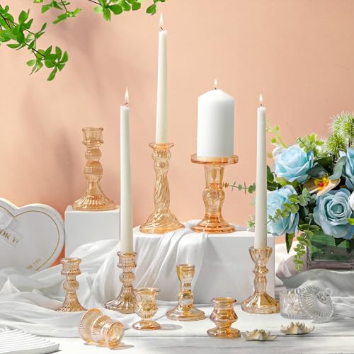 Mumufy 20 Pcs Glass Crystal Taper Candle Holders Clear Glass Candlestick Holder Fit 0.8 Inch Candles Crystal Decorative Candle Stand Centerpiece Table Wedding Dining Party (Gold) - color: Gold