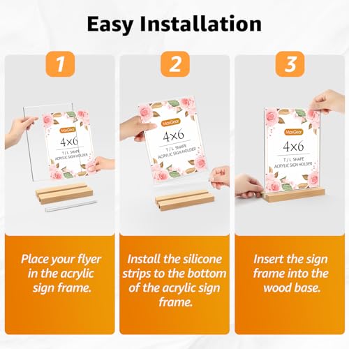MaxGear L/T Shape Acrylic Sign Holder, 4 X 6 Clear Table Display Stand with Wooden Base, Flyer Menu Holder Photo Frames Paper Stand for Office, Wedding, Restaurants, Hotels 3 Pack - size: 4''x6'', style: 3 Pack