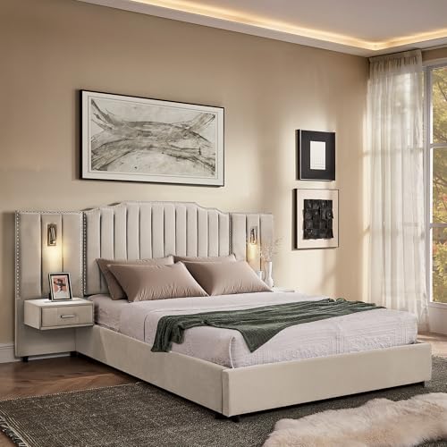 Luxury Queen Size Bed Frame with LED Lights and Nightstands, Modern Velvet Upholstered Platform Bed Frame with Oversized Headboard, Buttons Around, No Box Spring Needed, Beige | Breathable material - color: Beige-velvet, size: Queen