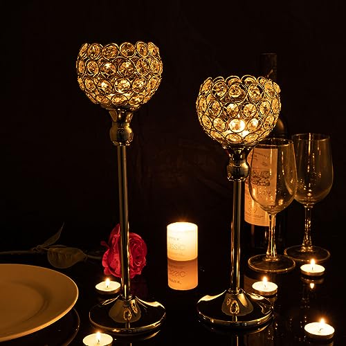VINCIGANT Gold Crystal Candle Holders Set of 2,Pillar Candlesticks for Table Centerpieces, Valentine's Day Home Decor Wedding Party Housewarming Gift - size: 2 pcs 13" & 15" Tall