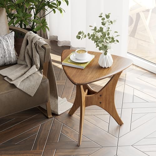 COZAYH Modern Triangle Wood End Table with Cross-Leg Rubberwood Base, Mid-Century Small Accent Side Table for Living Room, Easy Assembly, Natural, Brown