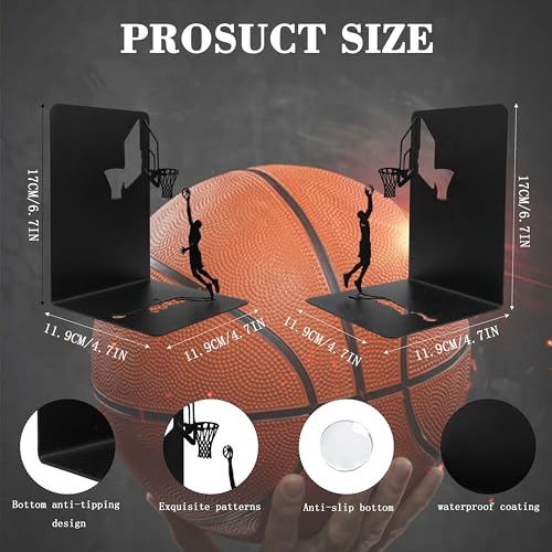 Basketball Bookends Decorative Metal Book Ends for Shelves, Matte Black Iron Basketball Player & Hoop Design, Unique Book Holders and Stoppers for Office Decor - color: Basketball