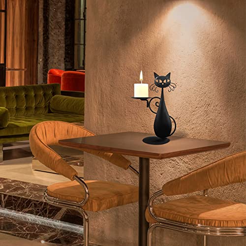 Black Cat Candle Holder for Pillar Candles Led Flameless Candles, Retro Rustic Farmhouse Home Metal Cat Decor Candlestick for Centerpiece, Dining Table, Housewarming Gifts