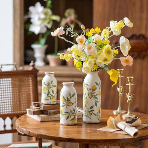 Teweiqi Vintage Vase Set of 3, Ceramic Flower Vases Decor, Rustic Farmhouse Vases Retro Decorative Vases, for Home Living Room Kitchen Table Mantle Shelf Decor - Lemon - color: Lemon, size: set of 3