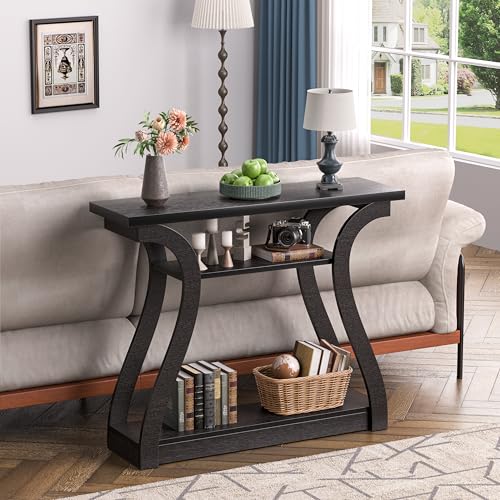 Wooden Console Table with Curved Legs and Shelf, 3-Tier Modern Accent Narrow Sofa Table for Entrance Area, Living Room, Hallway, 47 in Wide Wood Console Table for Entryway (Black) - color: Black