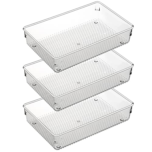 3 Set Clear Plastic Junk Drawer Organizer Vanity Curlery Utensil Makeups Organizer for Kitchen 6" X9'' - size: 3 Pack 9"x6" Clear Plastic