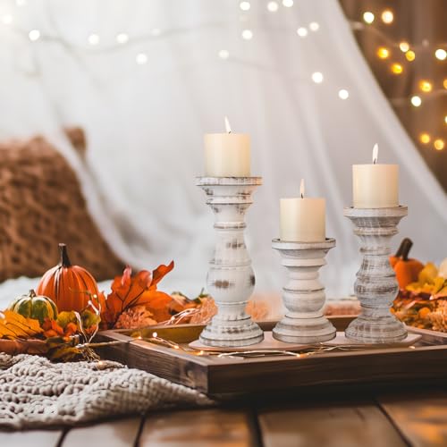 Candle Holder for Pillar Candle Set of 3, Farmhouse Wood Candle Holder, Rustic Wooden Candle Stand, Decorative Wood Candlestick Holders for Living Room, Table Centerpiece (Antique White) - color: Washedwhite, size: Set of 3
