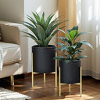 LuxenHome 2-Piece Diamond Pattern Round Metal Cachepot Planter Set, Black Planter with Gold Stands Set of 2 Indoor Plant Pots Large Floor Plant Pot for Plants, NOT Waterproof - color: A Black 9.9"+8.3"