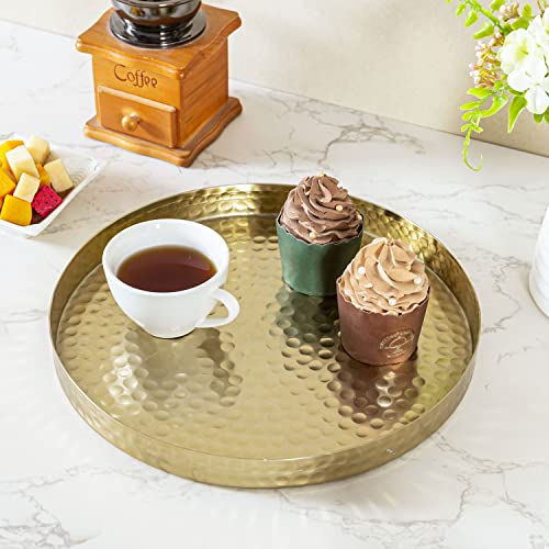 MyGift 11 Inch Deluxe Hammered Brass Round Decorative Tray - Aluminum Plated Serving Display Platter, Centerpieces and Vanity Tray - Handcrafted in India - color: Brass (11 Inch)