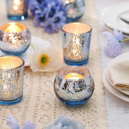LETINE 36pcs Blue Votive Candle Holders - Elegant Mercury Glass Tea Light Candle Holder Set for Spring Summer Weddings, Holiday Season Decorations, Valentine's Day Table Centerpieces - color: Blue