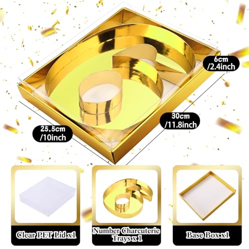 SiliFine 12" Charcuterie Number Shaped Mache with Clear Lid Fillable Sweets Serving Trays Paper Mache Cupcake Candy Box for 2025 Graduation Party Graduation Celebration(Gold,Number 6/9) - color: Gold, style: Number 6/9