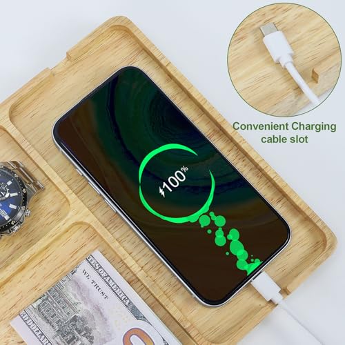 Buqoo Rubberwood Valet Tray with Cable Slot - 11.7 x 7.9 Inch Wooden Catch All Organizer Tray, Desk & Nightstand Organizer for Keys, Wallet, Jewelry, Phone, Watch, Earbuds