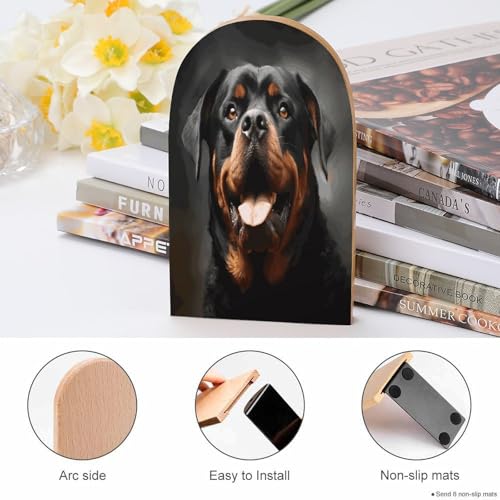 Cool Rottweiler Dog Art Bookends 1 Pair Heavy Duty Book Ends for Shelves Non-Skid Bookend Supports Wooden Book Holders with Metal Base Desk Organizers Books Storage to Hold Books