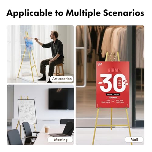 WATIHERE 57.5" Gold Easel Stand for Wedding Sign – 4 Adjustable Height Levels, Assembly Required, Heavy Duty Metal Display Stand for Art, Paintings, Posters, Pictures, and Home Décor