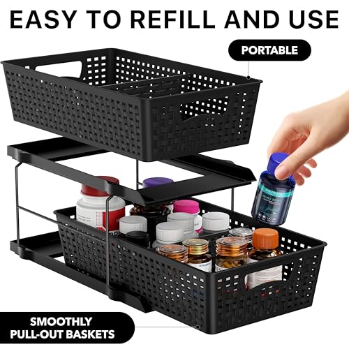 Simple Houseware 2 Tier Bathroom Organizer Tray Pull-Out Sliding Drawer, Under Sink Storage, Black - color: Black