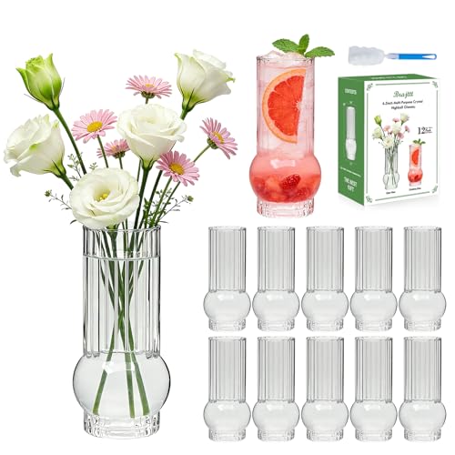 Brajttt Clear Glass Cylinder Vases，6.5 Inch Small Ribbed Flower Vases for Bouquet, Multi-Use Vase for Flowers & Drinking Glasses Set of 12,Tall Glass Vases for Home Decor, Weddings, Parties