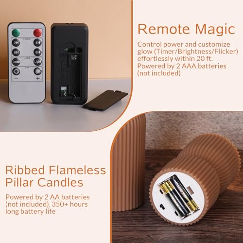 Warm Brown Ribbed Flameless Pillar Candles with Remote, Real Wax Flickering Battery LED Candles Christmas Decor Gift Set of 2 - color: Amber Brown