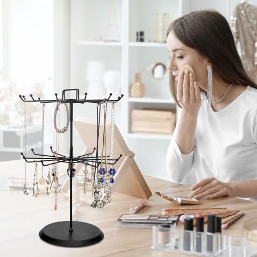MyGift 2 Tier Black Metal Rotating Necklace tree stand for vendor & bracelet holder Jewelry Stand with 24 Hooks, Multipurpose Accessory and Keychain Spinning Display with Top Handle Card organizer - color: Black (2 Tier)
