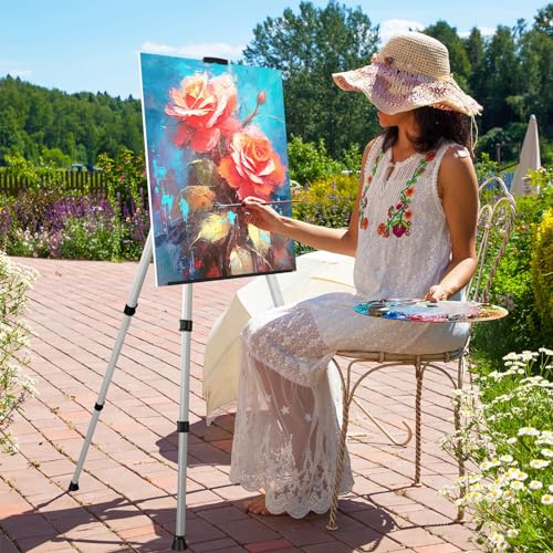 Art Easel Stand for Painting or Sign, Portable Adjustable 66 inches Display Tripod Artist Floor Aluminum Metal Easel with 1 Bag for Table-top/Floor Drawing, Sturdy for Canvases Displaying - Silver - style: Silver