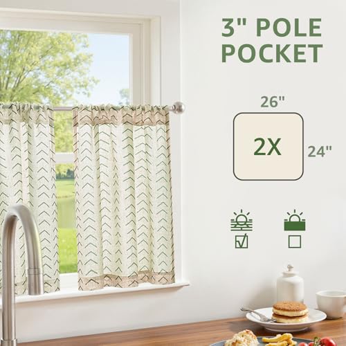 jinchan Boho Linen Blend Kitchen Curtains 24 Inch Length Herringbone Printed Tier Curtains for Small Windows Bathroom Cafe Laundry Room Set of 2 Rod Pocket Green on Linen - color: Arrow | Green on Linen, size: 26"W x 24"L (Pack of 2)