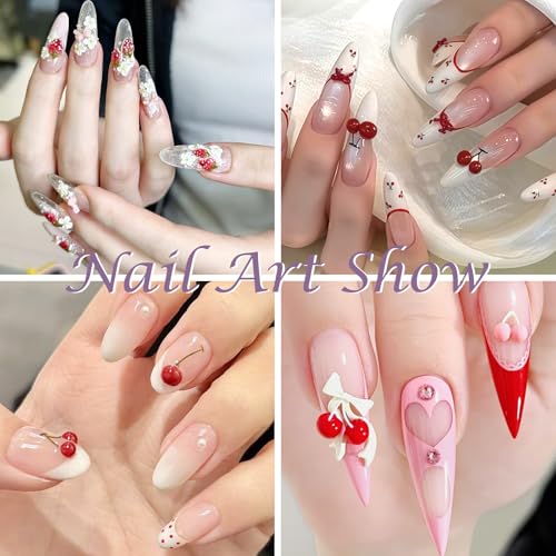 Laza 4pcs Silicone Nail Art Molds, Acrylic 3D Strawberry Bowknot Cherry Nail Charms Molds Clear Modeling Templates Fruit Pattern Nail Tools with Sculpture Pen for Salon Nail Design Resin Epoxy DIY - color: Cherry strawberry