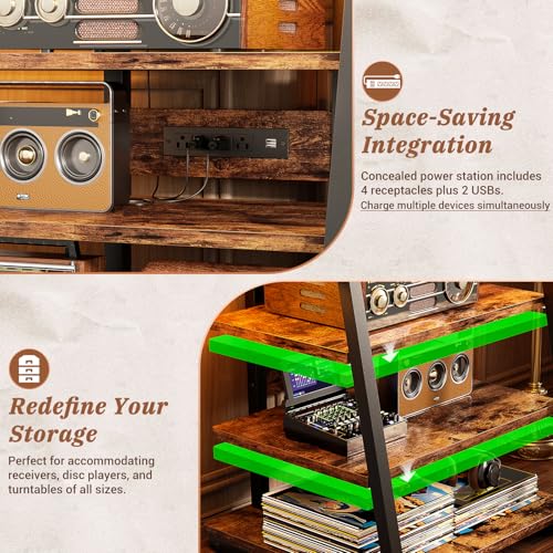 Armocity 4-Tier AV Media Stand with Power Strips, Stereo Stand with LED Lights, Audio Tower Rack with Adjustable Shelves, Small Entertainment Center, 30'', Rustic Brown - color: Rustic Brown, size: 30" (H)