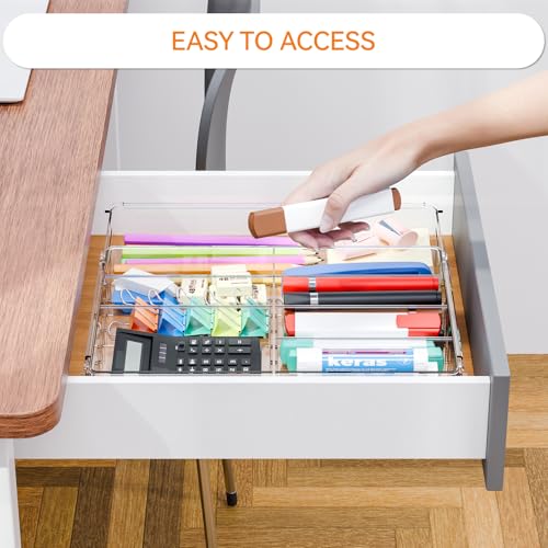 Yieach Expandable Desk Drawer Organizer Tray,1.8 Inch High Junk Drawer Organizer for Kitchen,Clear Shallow Office Drawer Organizers With 10 Compartments for Pencil,Pen,Office Supplies and Accessories - size: M-9.3 to 15.6x12.6x1.8 In
