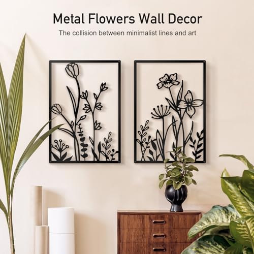 Sokurdeg Black Metal Flowers Wall Decor, Minimalist Floral Wall Hanging Art, Black Abstract Line Wall Art Sculptures for Bedroom Bathroom Living Room (4 Pcs, 12 x 17 in) - color: Black, size: 12 x 17 in
