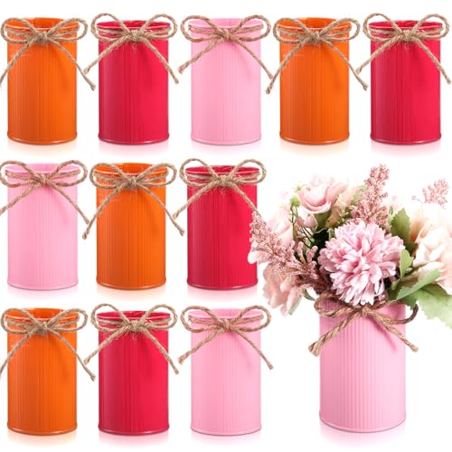 Rustic Vase for Table Centerpieces 4.33 Inch Small Petite Flower Vase with Twine Bow Vintage Farmhouse Decor for Wedding Reception Dining, Home Galvanized Metal Buckets(Orange, Fuchsia, Pink,12 Pcs) - color: Orange, Fuchsia