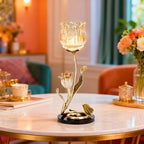 Luxury Crystal Base Glass Flower Candle Holder – Gold Plated Zinc Alloy with Enamel, Romantic Tea Light Holder, French Style Wedding Table Centerpiece, Home Decor