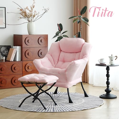 Tiita Lazy Chair with Ottoman, Pink Modern Large Accent Chair, Comfy Leisure Sofa Armchair with Ottoman, Reading Chair with Footrest for Bedroom, Living Room, Dorm Rooms, Pink - color: Peach Skin Pink