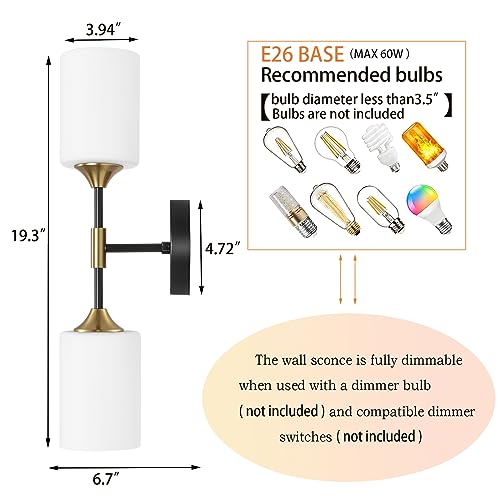 BYOLIIMA Industrial Mid Century Wall Sconce 2-Lights with White Cylinder Glass Shades Modern Bathroom Vanity Wall Lamp Matte Black and Gold Brushed Brass Finished Wall Light Fixture - color: Gold/Black-Cylinder Glass Shades