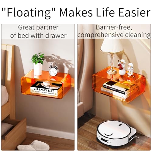 Acrylic Floating Nightstand, Bedside Table, Nightstand Shelf Wall Mounted Bedside Shelf (Orange, Small) - color: Orange