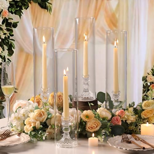 6 Set Hurricane Glass Candle Holders for Taper Candles, Candlestick Holders with Windproof Glass Tubes 13.4" H, Taper Candle Holders for Wedding, Dinner Table Centerpieces, Festival and Party Decor - size: 3.3"D-13.4"H -6pcs+6pcs Diamond Candlestick Holde