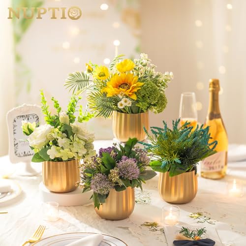 Gold Vases Compote Centerpiece Planter: 4" Ribbed Metal Vase Small Compote Bowl Planter Pot with Drainage Hole for Wedding Table Centerpiece Indoor Plants Set of 6 - color: Style 2#, size: 3.9in Tall-6pcs