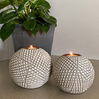 Luca Orb Tea Light Candle Holders (Gift Boxed Set of 2) Grid Pattern, Beige and White - color: Beige and White