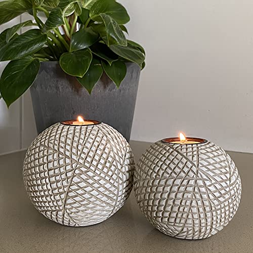 Luca Orb Tea Light Candle Holders (Gift Boxed Set of 2) Grid Pattern, Beige and White - color: Beige and White