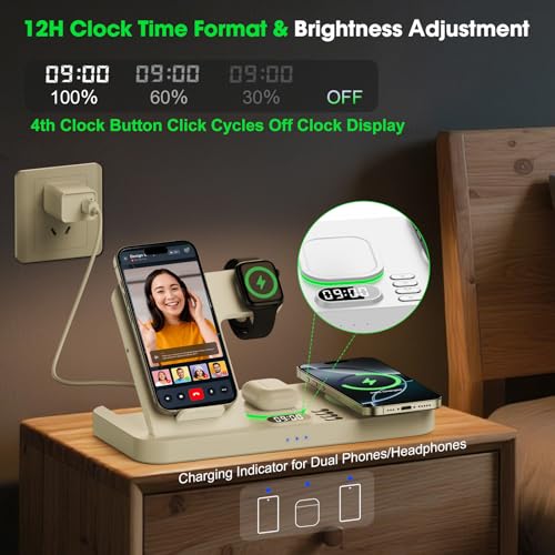 Dual Phone Wireless Charging Station for Apple Devices, Magnetic Charging Station for iPhone with Auto Switch 7-Color Light&Clock, Family Watch Charger for iPhone17 for iWatch11 for AirPods Pro3(White - color: White