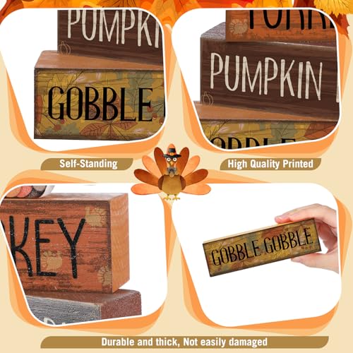 Lineshading 4 Pcs Thanksgiving Decorations for Home Wooden Turkey Decor Fall Tiered Tray Decor Thanksgiving Table Centerpiece Rustic Wooden Turkey Block Sign for Autumn Harvest Party Kitchen Shelf - style: Classic Turkey