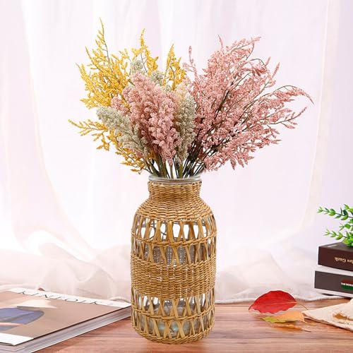 Straw Woven Glass Vase 6.29''x1.77''x3.15''Boho Glass Flower Vase Country Rustic Style Vase Glass Vase for Floral Arrangements Housewarming Party Home Decor (C Style 6.29IN) - size: 6.29IN