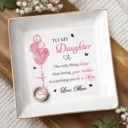 Personalized Jewelry Dish With Birth Month Flower, To My Daughter Ring Dish, Mothers Day Birthday Gifts for Daughter, Custom Floral Name Trinket Tray For Wedding, Ring Holder - color: Style 5