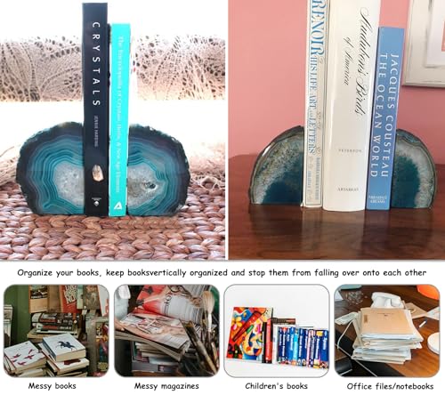 AMOYSTONE Teal Agate Bookends, Large Decorative Crystal Stone Ends 4-6 LBS for Heavy Books, Perfect for Study Room and Office Bookshelf Decor - color: Teal, size: 4-6 Pounds