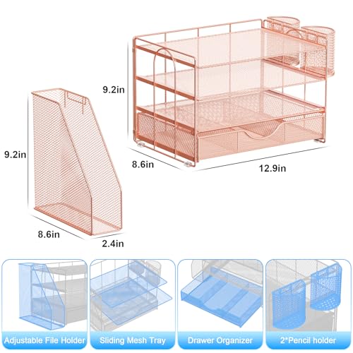 gianotter Desk Organizers and Accessories with File Holder, 4-Tier Desk Accessories & Workspace Organizers with Drawer and 2 Pen Holder, Paper Organizer for Office Supplies (Rose Gold) - color: Rose Gold