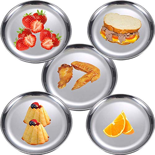 Stainless Steel Plates 2 Set 7 Inch Metal Dinner Dishes for Snack,Outdoor Camping,Steak plate - Shatterproof Dishwasher Safe Stainless Steel Dishes - size: Silver 7 Inch