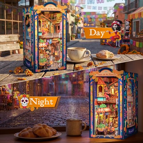 Cutefun Book Nook Kits for Adults Mexican Art and Culture, DIY Miniature Dollhouse Kit for Bookshelf Insert Decor with LED, 3D Wooden Puzzle Booknook for Teens Creative Gifts (Plaza de Los Muertos) - style: Plaza de Los Muertos
