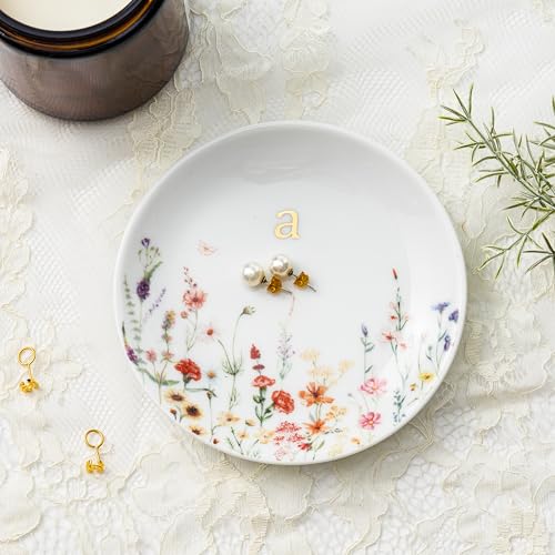 Crisky Initial Jewelry Tray Ring Dish & Gift Box, Ceramic Flower Trinket Dish for Rings Earrings Necklaces Keys, Bridal Shower Engagement Birthday Gift for Women, Friends 4.57" (Gold Foil A - style: Initial A