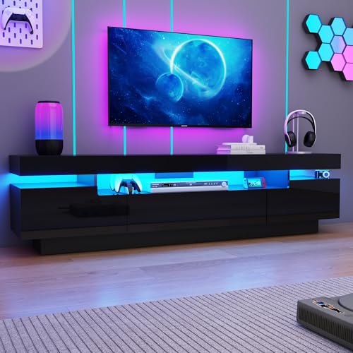 Uspeedy 70IN White TV Stand for 75/80 inch TV,Modern LED TV Stand for Living Room,High Gloss Entertainment Center with Storage Drawer,APP RGB Light,TV Console,Television Stands(Black) - color: Black
