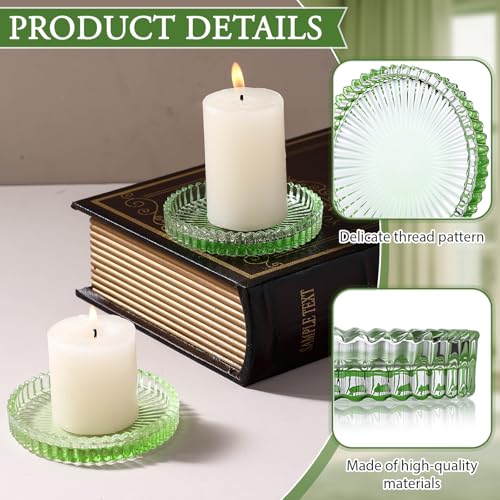 Honeydak Sage Green Glass Pillar Candle Holder Plates 4'' Round Glass Candle Tray Round Coasters for Table Centerpiece Wedding Party Home Bridal Shower Thanksgiving Christmas Decor(12 Pcs) - color: Sage Green